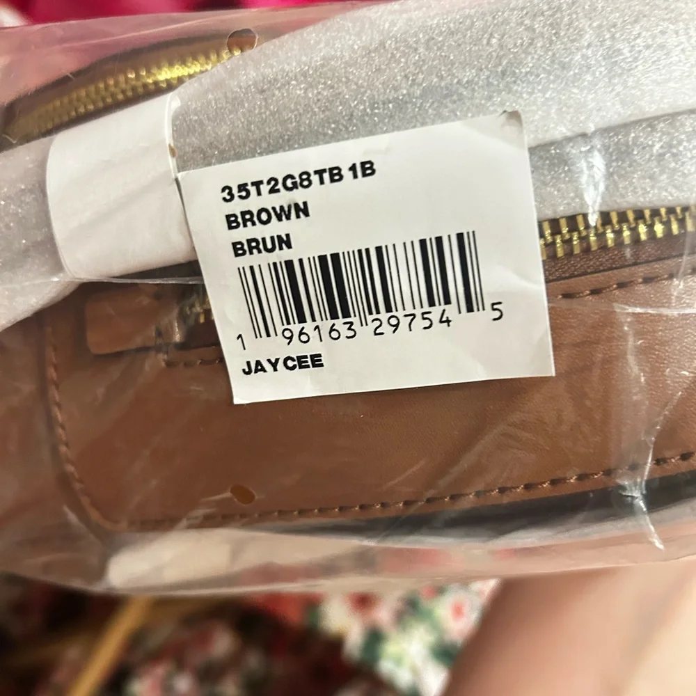 Michael Kors Brown and White Monogram Mini Backpack with Tan Trim - Picture 6 of 7